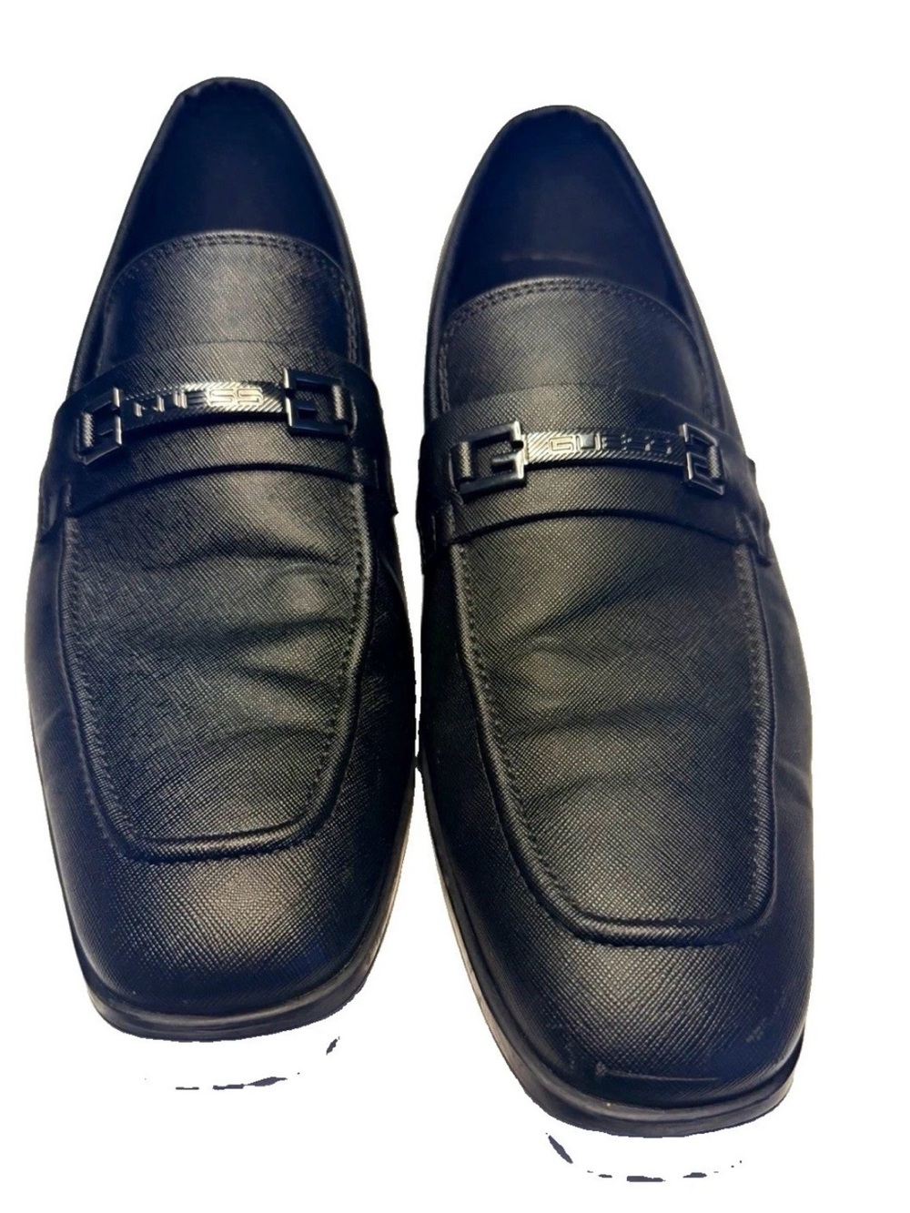 Guess Men's Black Leather Slip-On Loafers with Branded Buckle
